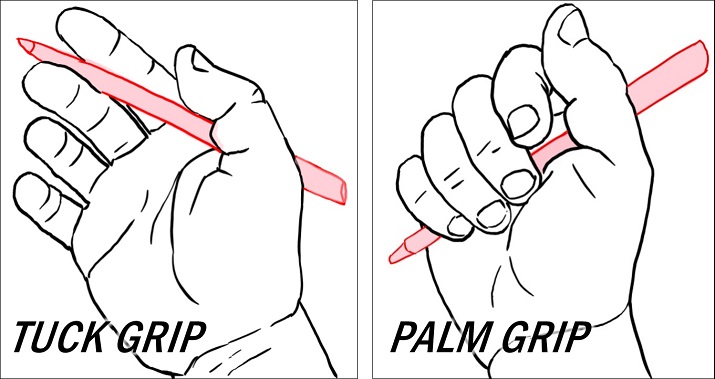 Tuck and Palm Grips for temporarily stowing a pen
